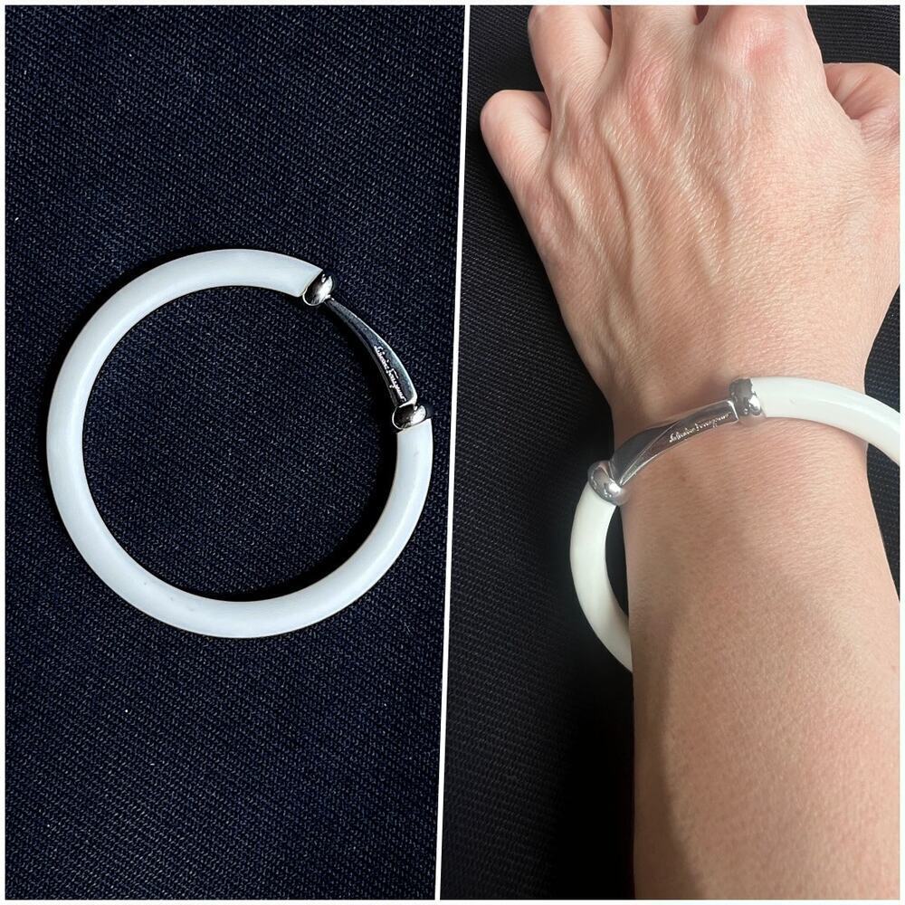 Salvatore Ferragamo Timeless Chic White Resin Silver Bangle Bracelet